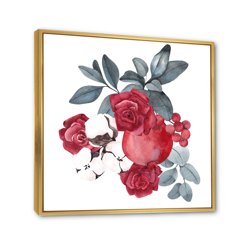 Christmas Flowers Bouquet With Berries - Painting on Canvas, 30" H x 30" W x 1" D, Gold Floater Framed