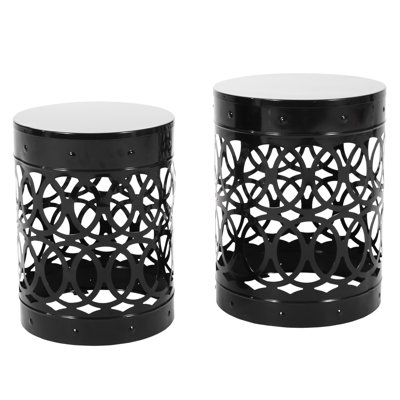 Outdoor Metal Side Table - Black Iron Cut Design End Tables With Powder-Coated Frame, No Assembly For Home & Garden Of 2 Elegant Pattern, Patio Decor