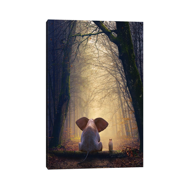 Elephant And Dog Sit In The Autumn Forest by Mike Kiev - Wrapped Canvas Print, 30.48 cm H x 45.72 cm W