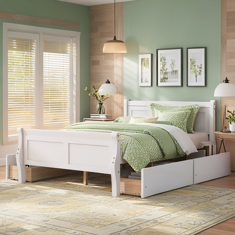 Lit plateforme en bois Alizia, 4 tiroirs, tête et pied de lit profilés, blanc , Double