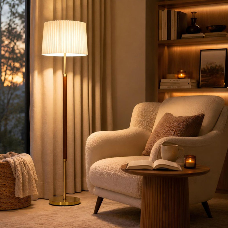 Lampe sur pied moderne en bois 65 po avec deux abat-jour en tissu et accents laiton 65 po