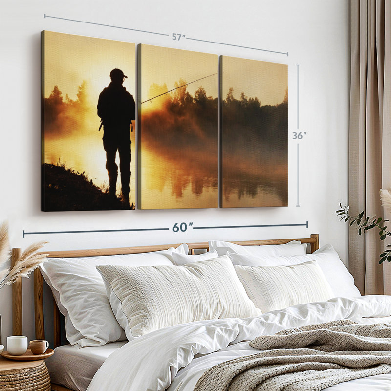 «Foggy Riverbank Fishing», 3 pièces sur toile, H 36 po x l 57 po x P 1,25 po