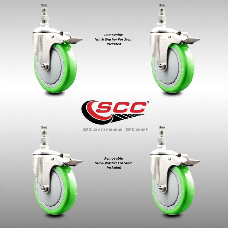 Ensemble de roulettes 5 pouces en polyuréthane vert pivotant 10mm avec roulettes