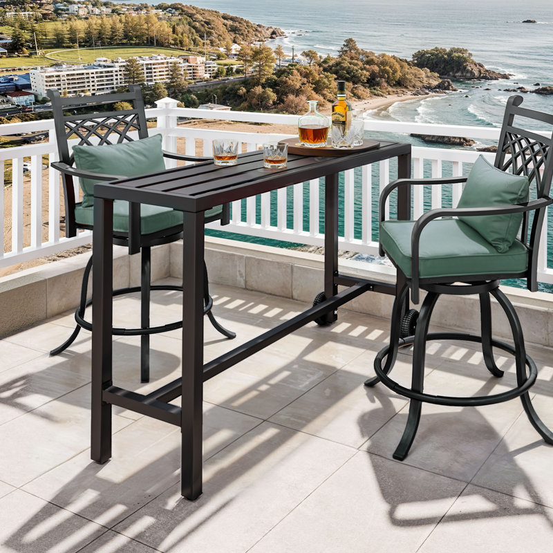 Rectangular Metal Outdoor Bar Height Table with Lockable Rolling Wheels, Black, Black