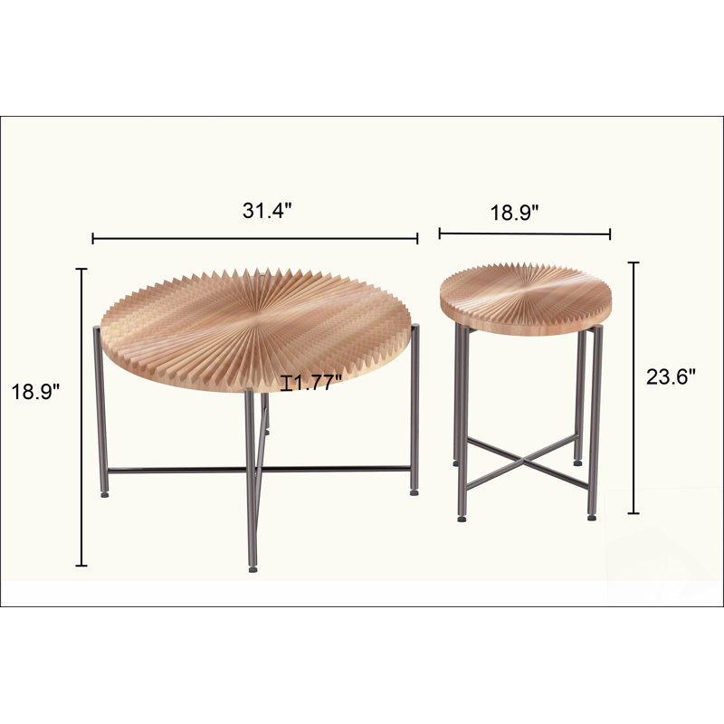 Ensemble de 2 tables basses et tables de bout - Panneau de fibres à densité moyenne imperméable avec revêtement en PVC, conception cylindrique vieillie, pieds en métal - charme rustique classique, technique 