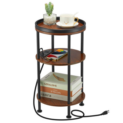 Small Round Side Table with Charging Station for Small Spaces, 3-Tier Accent Table with USB Ports & Power Outlets, Sofa Corner Tea Table for Living Room Nightstand Bedroom Apartment (USB, Cherry)