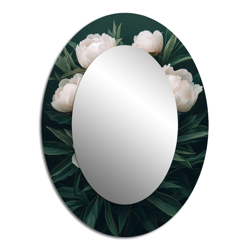 Dark Bloom Of Peonies Petal Serenity II - Large Oval Wall Mirror On Metal, 40" x 30"