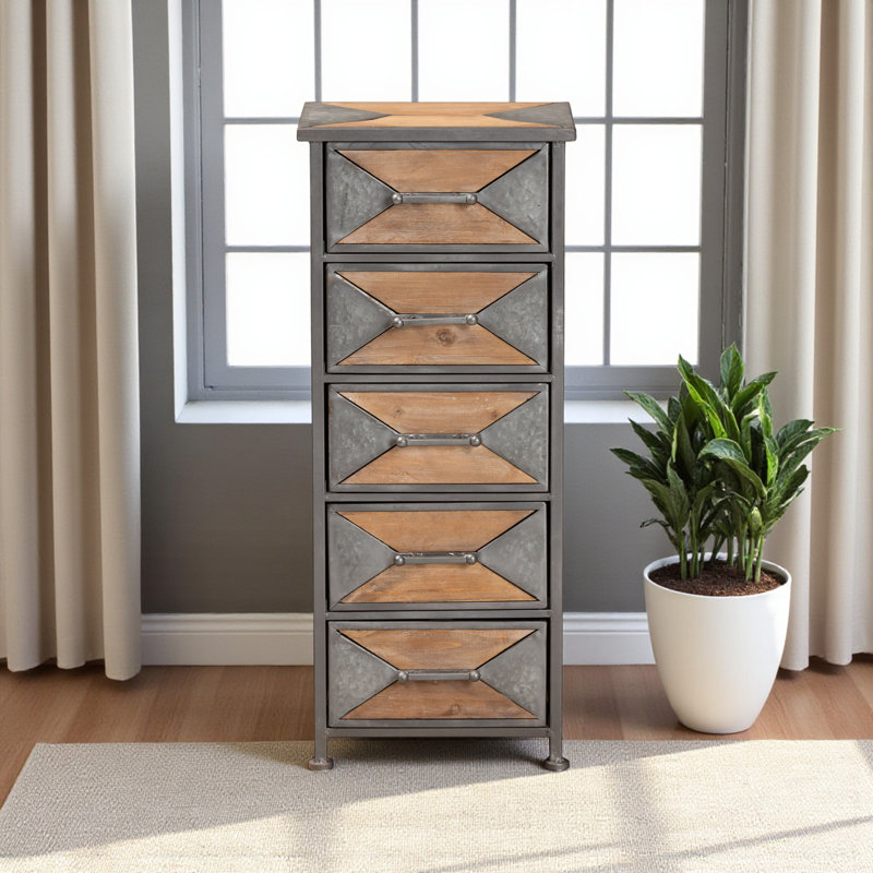Armoire de rangement décorative 5 tiroirs avec poignées en métal gris et chêne Vortex, H 31,82 po x l 13,03 po x P 10,15 po
