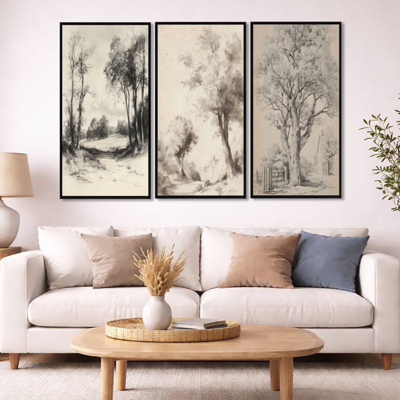 «Vintage Forest in English Countryside - Beige Trees», ensemble de 3 toiles encadrées, H 40 po x l 60 po, Cadre flottant noir