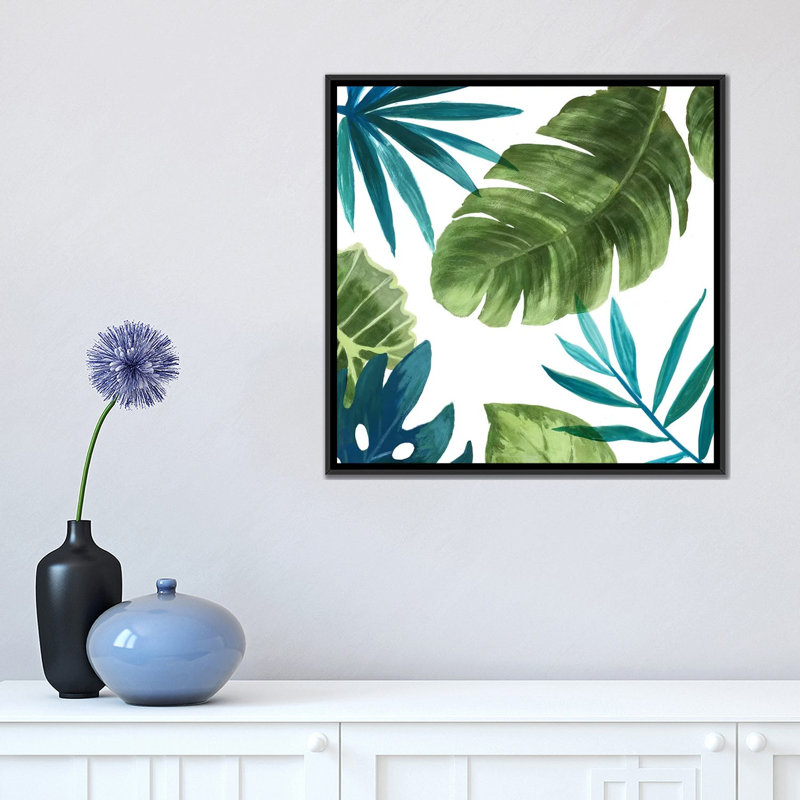 « tropical leaves ii », impression sur toile, H 18 po x l 18 po x p 1,5 po, Toile avec cadre noir, Pas de tapis