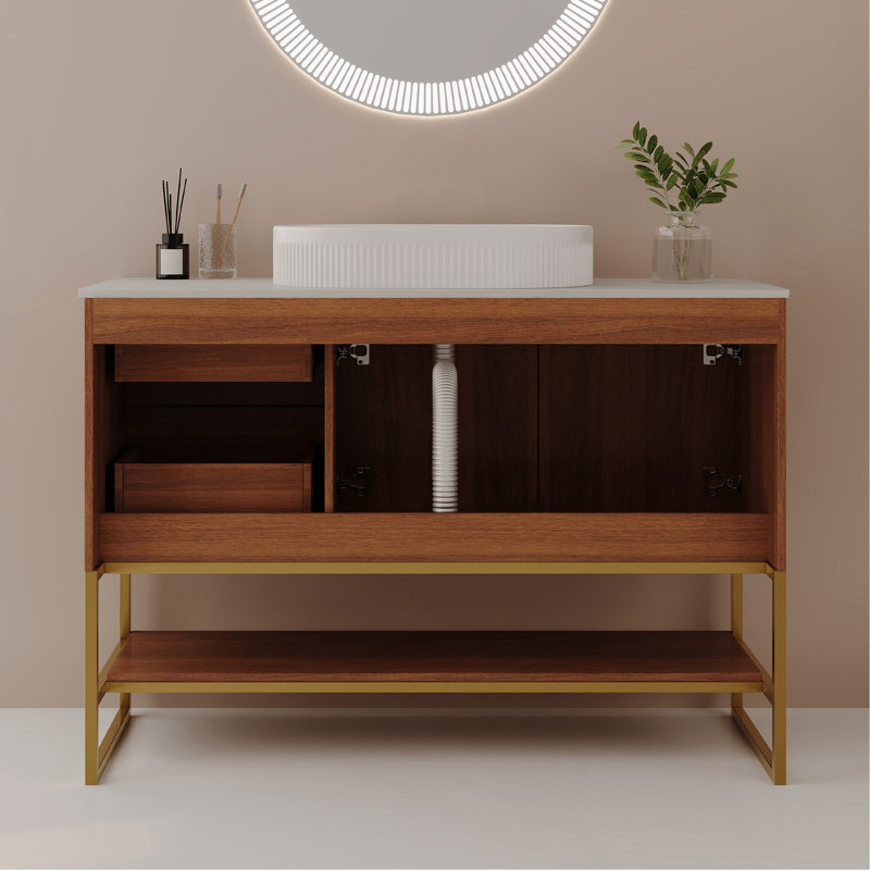 Meuble-lavabo moderne de 36 po avec lavabo vasque en céramique, armoire d'appoint dorée, Oval, Ameican White Oak