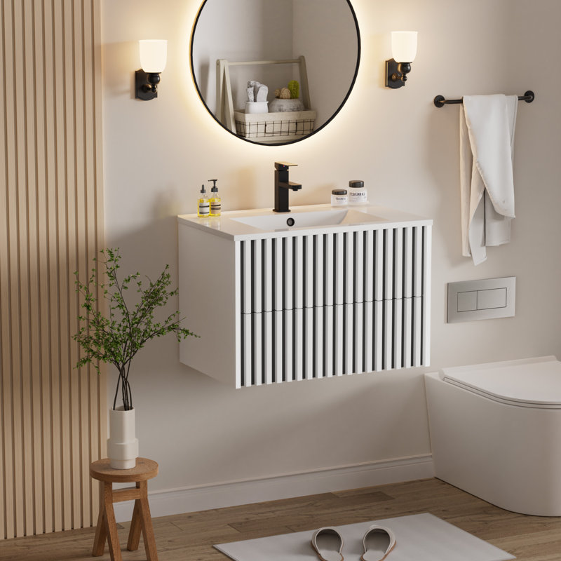 Ensemble de meuble-lavabo mural 30 po avec comptoir d'évier, robinet et bonde, armoire flottante, Blanc/Noir
