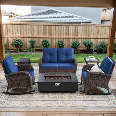 Esquer 5-Piece Outdoor Wicker Loveseat Conversation Set With Rocking Chairs And Separate Fire Pit Table