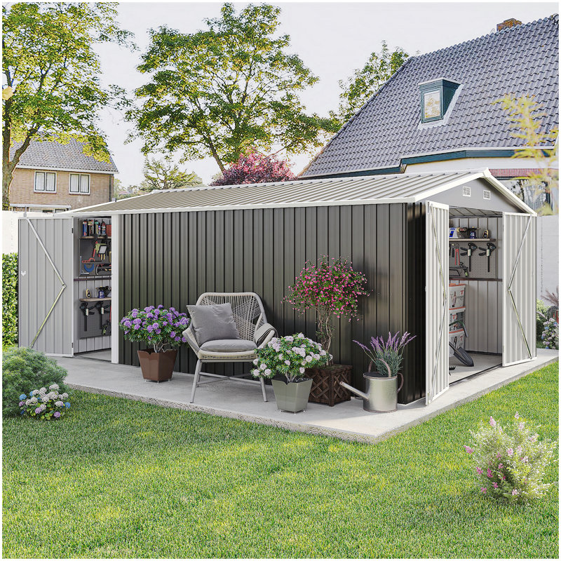 Campcraft Outdoor Storage Shed 10×14 FT with 3 Lockable Doors,4 Air Vents & Sloped Roof,Utility Tool Shed Metal Storage Garden Sheds Frame and 4 Vents,for Backyard,Patio,Lawn,dark Grey
