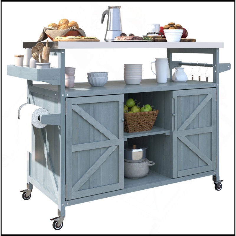 Outdoor Kitchen Island, Rolling Bar Cart & Storage Cabinet, Farmhouse Solid Wood Outdoor Grill Table With Stainless Steel Top, Spice Rack , Towel Rack For Kitchen & BBQ
