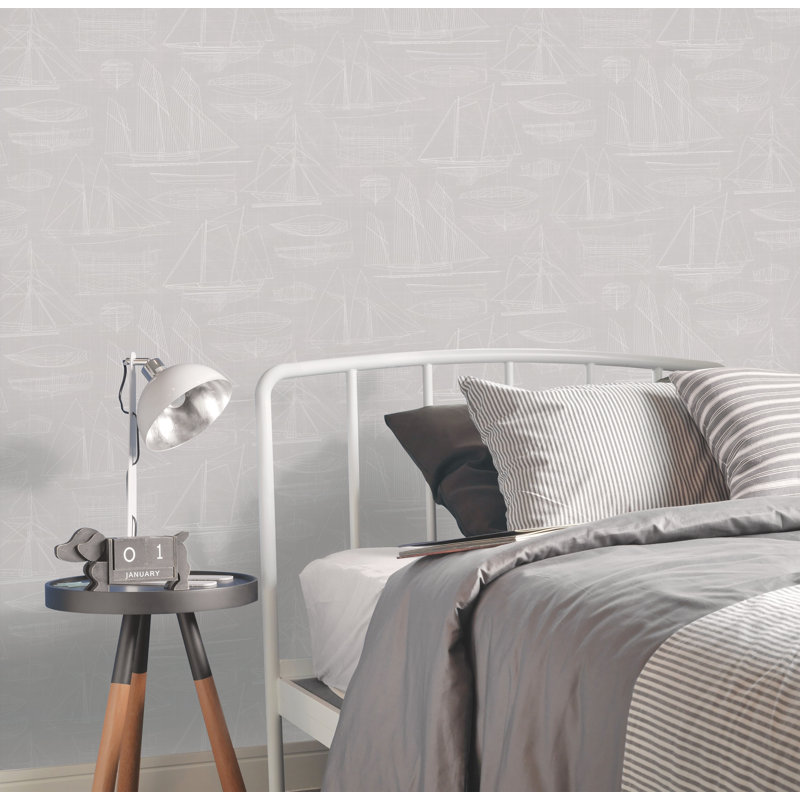 Deauville 2 Nautical Blueprint Wallpaper Roll, Beige/White