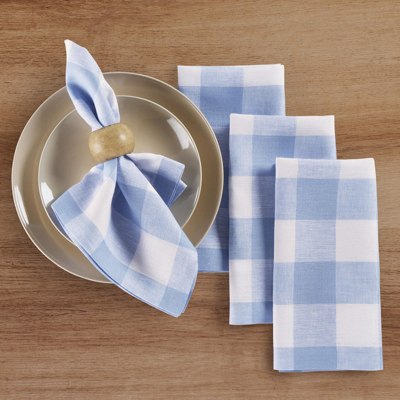 Buffalo Check - 100% Pure Linen Dinner Napkins, Chambray Blue/White