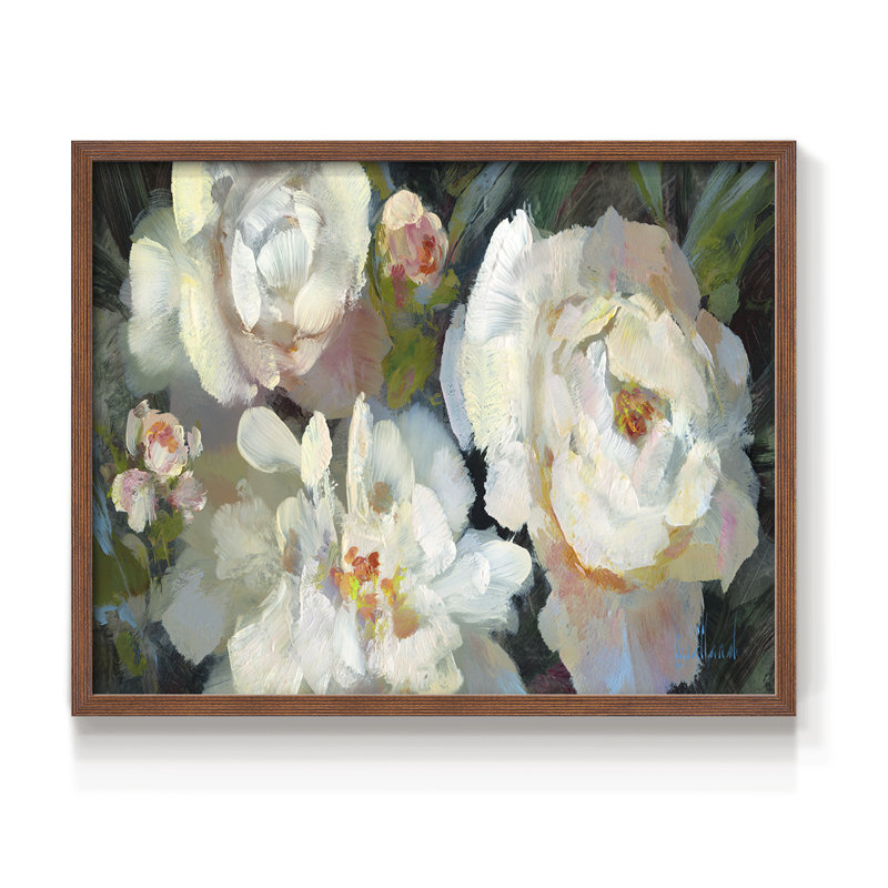 Trio de pivoines - reproduction encadrée, H 8 po x l 10 po, Noyer