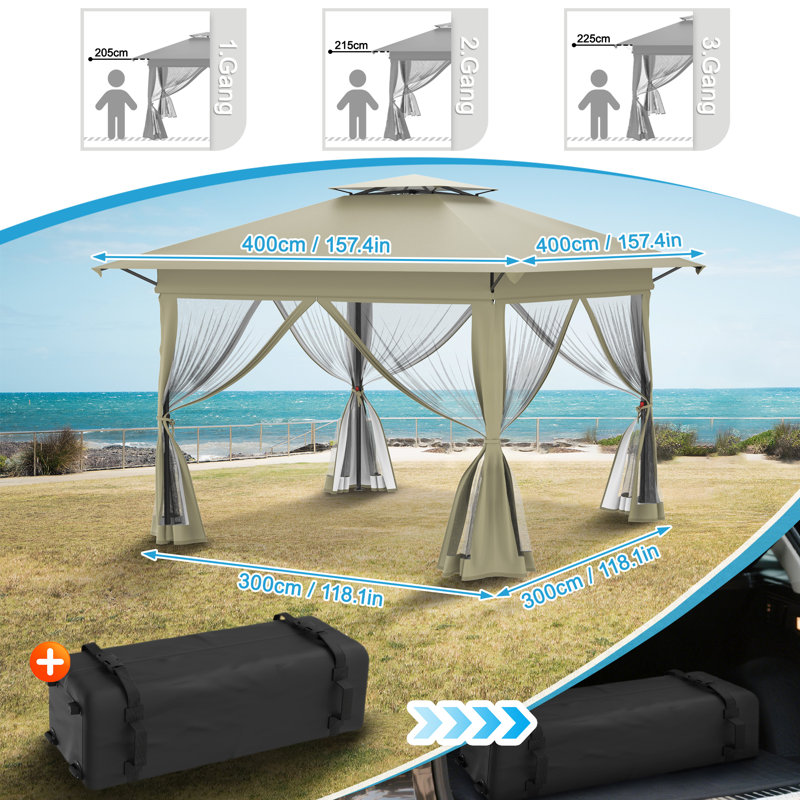 Pop Up Gazebo, 4 x 4 m Folding Garden Gazebo with Double Roof and Mesh Netting Mosquito and UV Protection Height Adjustable, Sturdy Garden Tent with Carry Bag