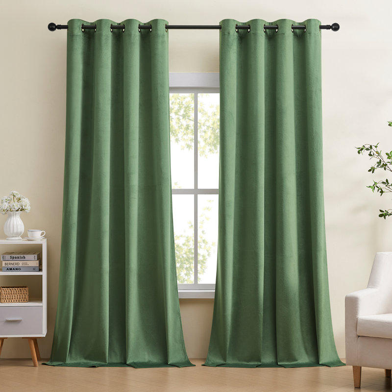 Deavion Velvet Solid Color Metal Grommets Room Darkening Curtain Panels, 52" W x 108" L, Sage Green