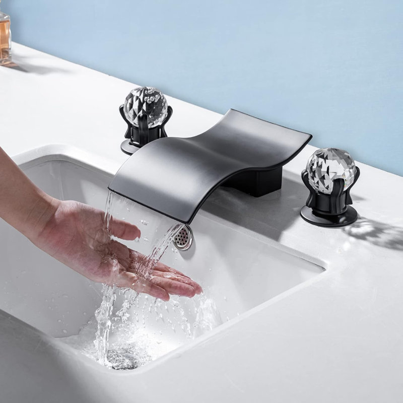 Widespread Bathroom Sink Faucet With Crystal Knob 3 Hole Waterfall Vanity Faucet 8 Inch Crystal Bathroom Faucets Deck Mount Basin Mixer Tap With Hose