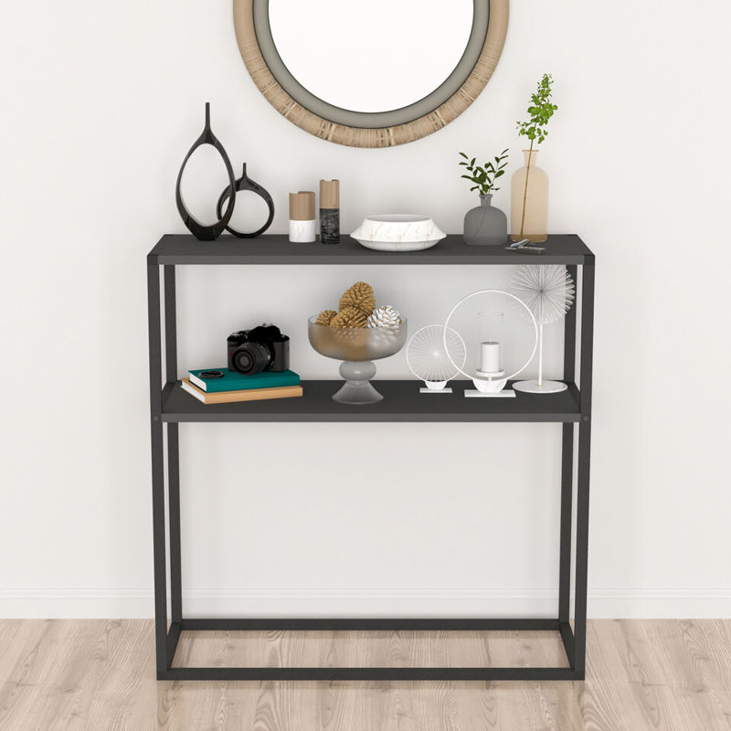 Aigar 90cm Solid Wood Top Console Table, Grey/Black