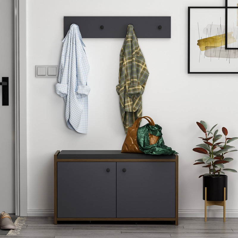 Modern Shoe Cabinet with 2 Drawers & Wall-Mount Hanger, Anthracite | 31.5 x 17.7 x 13.8 inches | 100% Melamine Coated Particle Board, PVC Edgebanding, Multiple Shelves | Stylish & Functional Storage Solution for Entryway