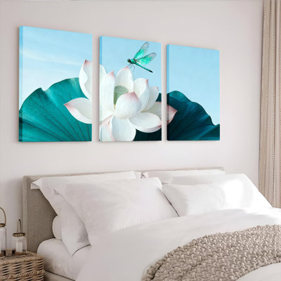 Lotus Flower and Dragonfly Nature Art Canvas Wrapped Wall Art Oil Painting Print Set of 3