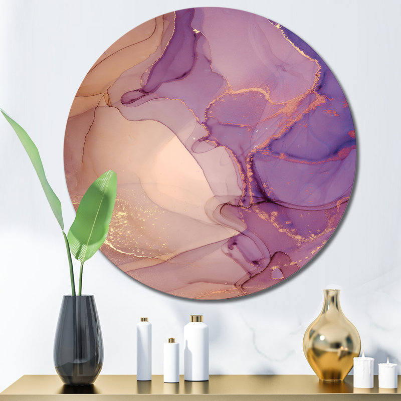 Mauve et jaune, nuages d'encre marbrés - art mural moderne cercle métallique, H 36 po x l 36 po x P 1 po