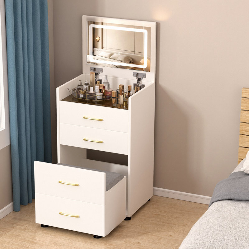 Bureau de coiffeuse 3 en 1 avec miroir ouvert, petit ensemble de coiffeuse avec bureau en verre visible, coiffeuse de maquillage compacte avec 3 tiroirs, coiffeuse pour chambre à coucher
