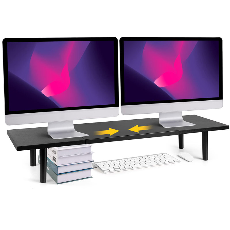 Dual-Monitor-Stand-Riser-For-Desk Adjustable Length 32-40 Inch,Large Desktop Computer Monitor Riser For 2 Screens,Desk Shelf Organizer Riser Stand For Computer/Laptop/PC/Printer/TV Black