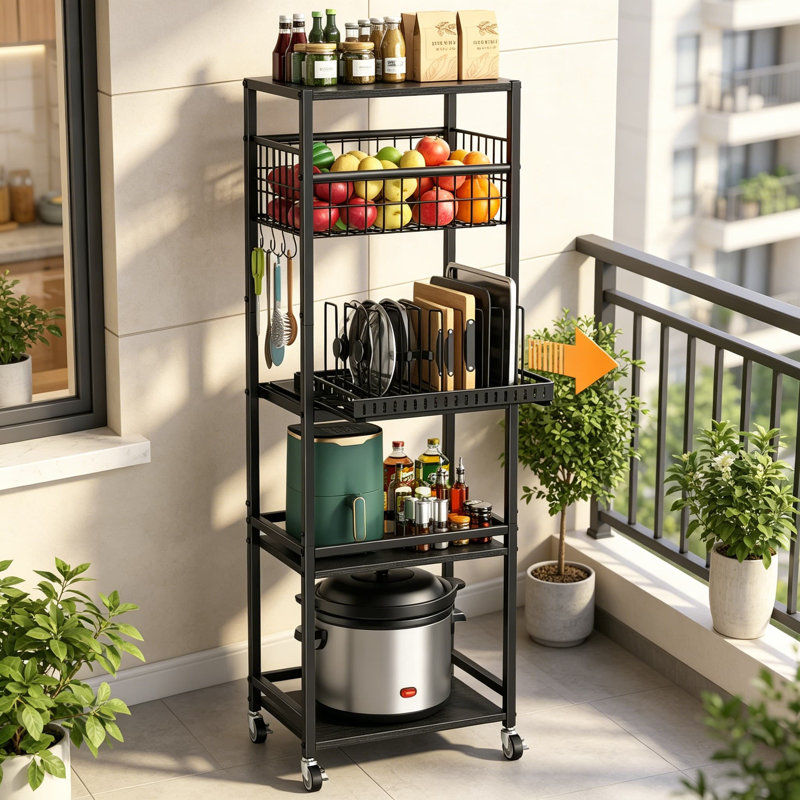 5-Tier Kitchen Rolling Cart with Metal Fruit Vegetable Basket, Pull-Out Pot Lid and Cutting Board Organizer, Storage Rack with Wooden Top for Kitchen, Pantry, Bathroom
