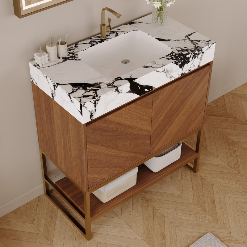 Meuble-lavabo autoportant moderne de 29,9 po avec lavabo en céramique intégré