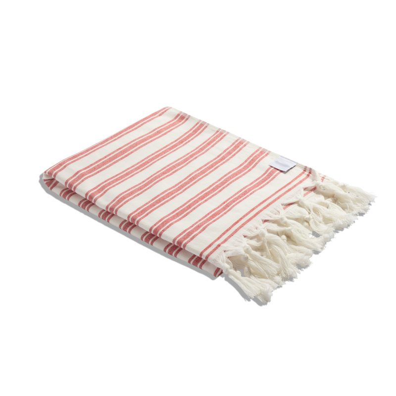 Antalya Bask Turkish Bath Towel with Terry Cloth Lining, Luxe Striped Beach Fouta, 100% Organic Cotton , 68” x 37”, Red