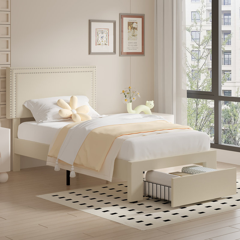 Grand lit avec tiroirs de rangement Lit plateforme tapissier avec tête de lit réglable, Grand, Beige