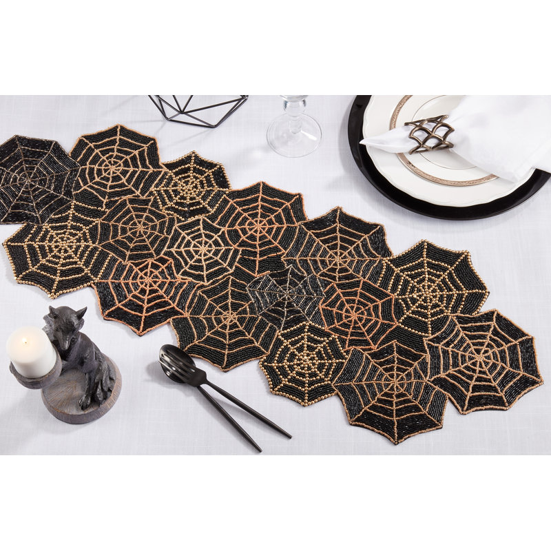 Intricate Beaded Spiderweb Table Runner