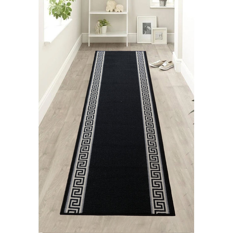 Greek Key Border Black Low Pile Slip Resistant Rugs