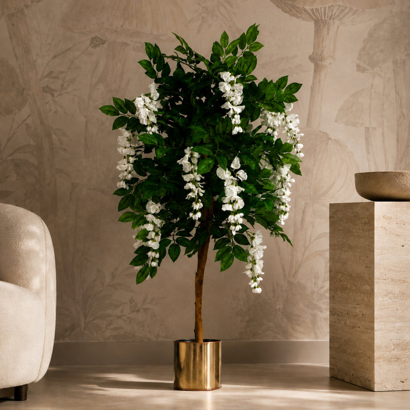 130cm Faux Wisteria Tree in Metal Pot, Gold