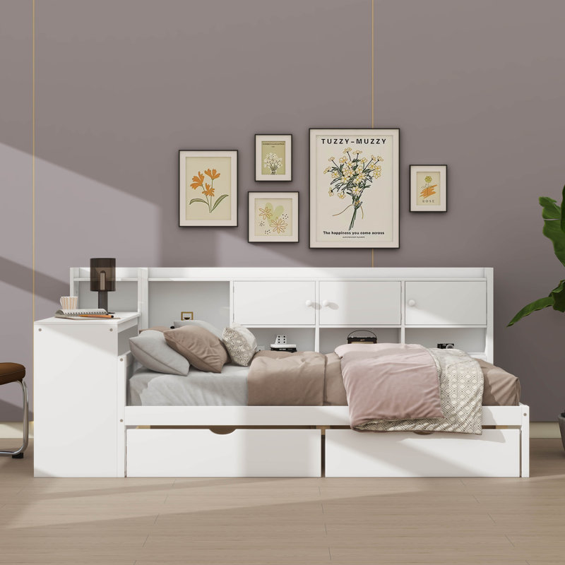 Lit de jour simple en bois en forme de L avec sept espaces de rangement et deux tiroirs, lit multifonctionnel avec bureau d'étude intégré et bibliothèque