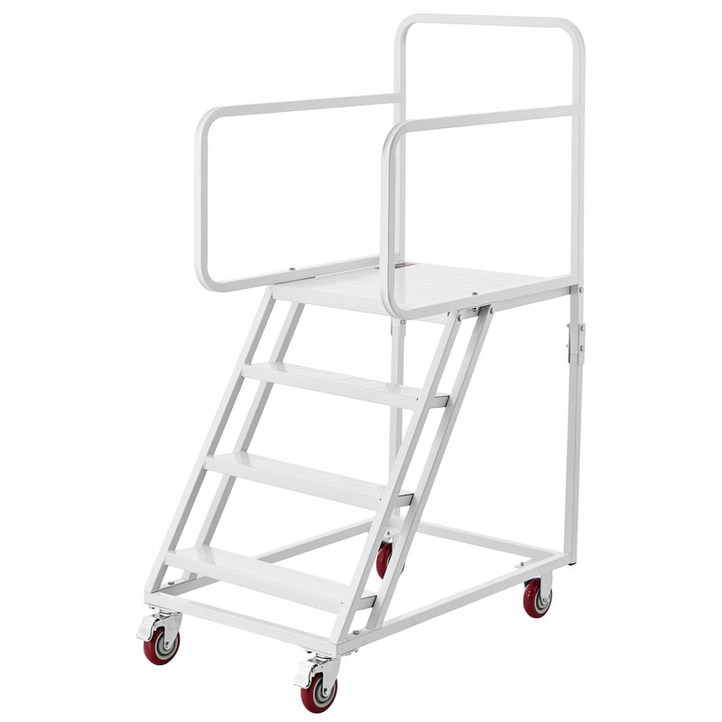 Échelle roulante à 4 marches pour entrepôt, escalier mobile industriel en acier allié, avec rampes, marches antidérapantes et roues verrouillables, plateforme robuste pouvant supporter jusqu'à 400 kg (880 lb) pour garage, bibliothèque ou usine.
