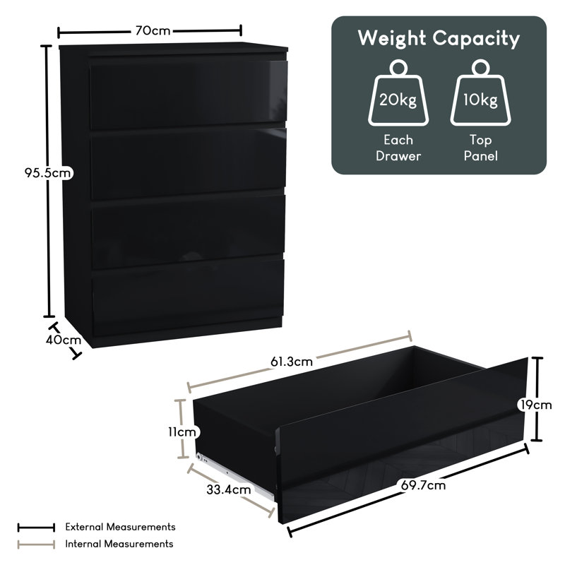 Taniesha 4 Piece Bedroom Set (2 Drawer Bedside Chest X2, 4 Drawer Chest, 3 Door 2 Drawer Wardrobe), (100% FSC), Black