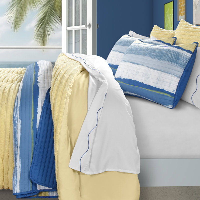 Nautical Blue Microfiber Queen Quilt Set with Stripes