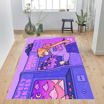 Tapis rectangulaire en chenille tricoté à la main en mauve