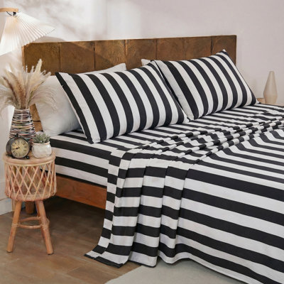100% Cotton Sheet Set Queen Size - Black and White Stripes Bedding, Soft Breathable Percale Weave, Wide Stripe Deep Pocket Sheet 17.5", Luxury Linen Like, 4-Piece All Season Bedding