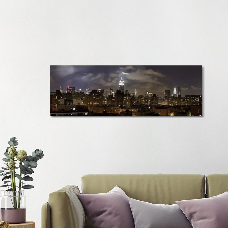 Buildings Lit Up At Night, Empire State Building, Manhattan - Wrapped Canvas Panoramic Print