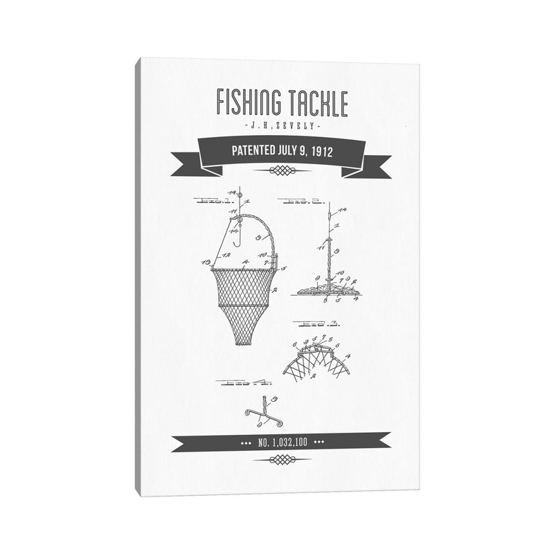 J.H. Zevely Fishing Tackle Patent Sketch Retro (Charcoal) by Aged Pixel - Wrapped Canvas Gallery-Wrapped Canvas Giclée