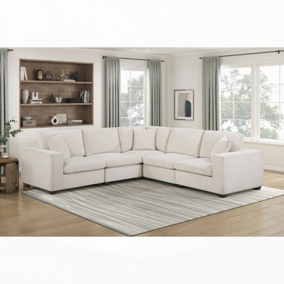 Contemporary 5-Piece Modular Sectional Corner Sofa Beige Chenille Upholstery Foam Cushion Pillows Plywood Frame