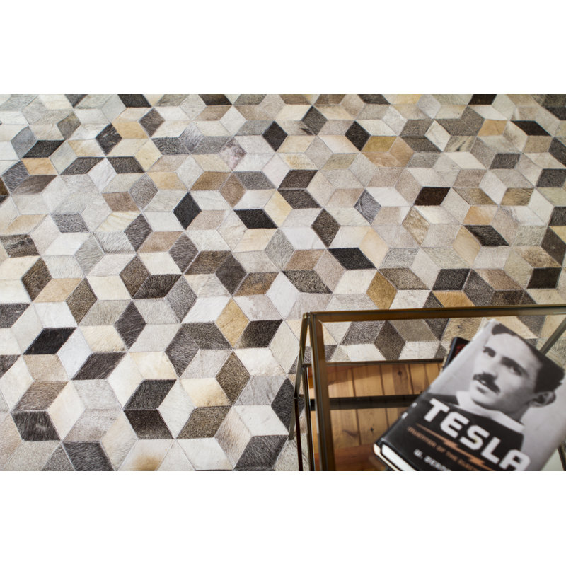 Natural Hide Cowhide Geometric Area Rug in Silver, Rectangle 11'6" x 14'6"