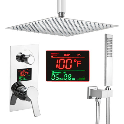 SKWOLL Shower Faucet Set Polished Chrome, Wall Mount 12 Inch Rainfall Shower Head with Handheld, 2 Function Shower Mixer Valve Kit Digital Display Included