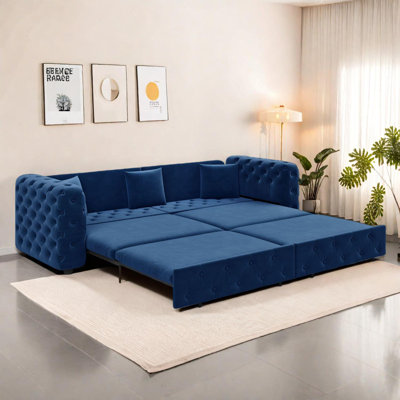 89'' Extra Large 3-In-1 Pull-Out Sofa Bed, 4-Seater Velvet Chesterfield Sleeper Sofa With 3 Pillows